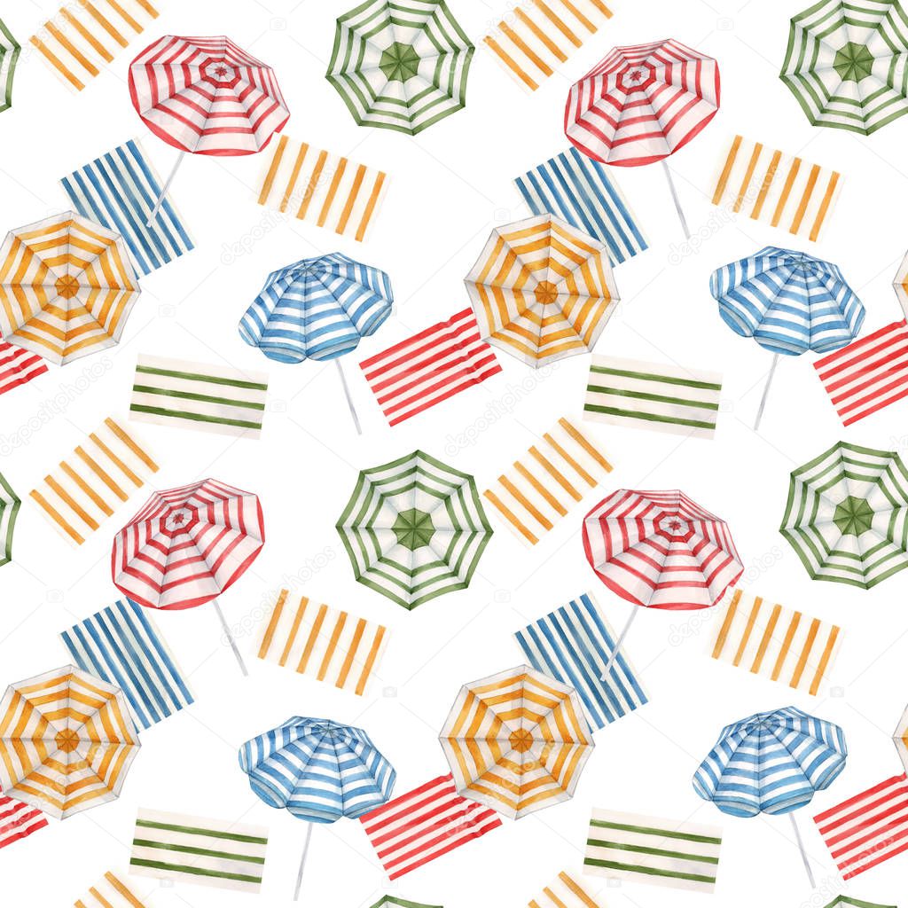 Beautiful watercolor seamless pattern with beach sun umbrellas. Ready summer print for swimwear fabric.