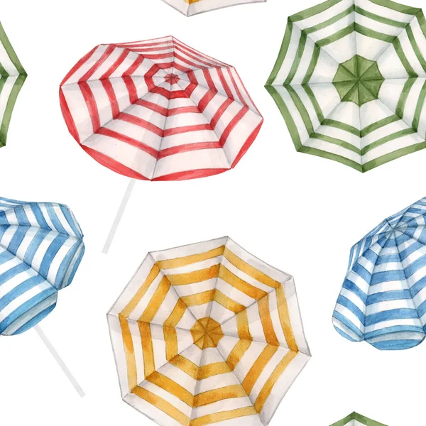 Vackra akvarell sömlösa mönster med strand paraplyer. Färdig sommartryck för badkläder tyg. — Stockfoto