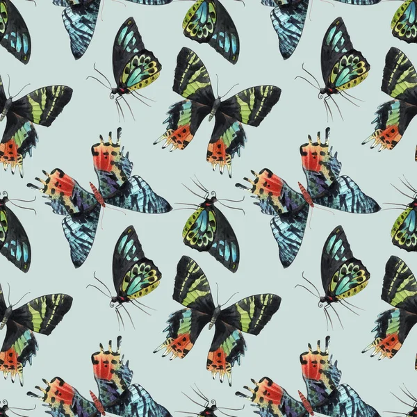 Vackra akvarell färgglada fjärilar sömlösa mönster. Handritade konstverk. Färdig tapet eller tryck. Mjuk mintbakgrund. Naturens skönhet. — Stockfoto