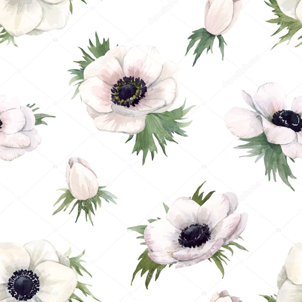 Beautiful vector watercolor floral seamless pattern with anemone flowers. Stock illustration.