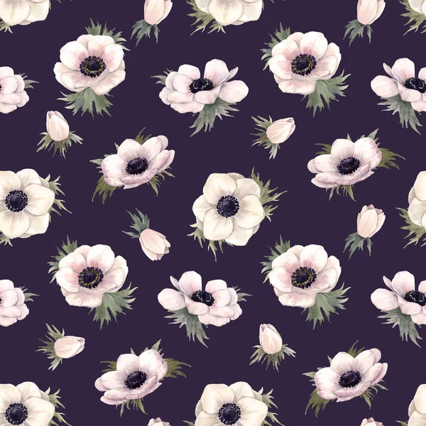 Beautiful watercolor floral seamless pattern with anemone flowers. Stock illustration. — Stock Photo, Image