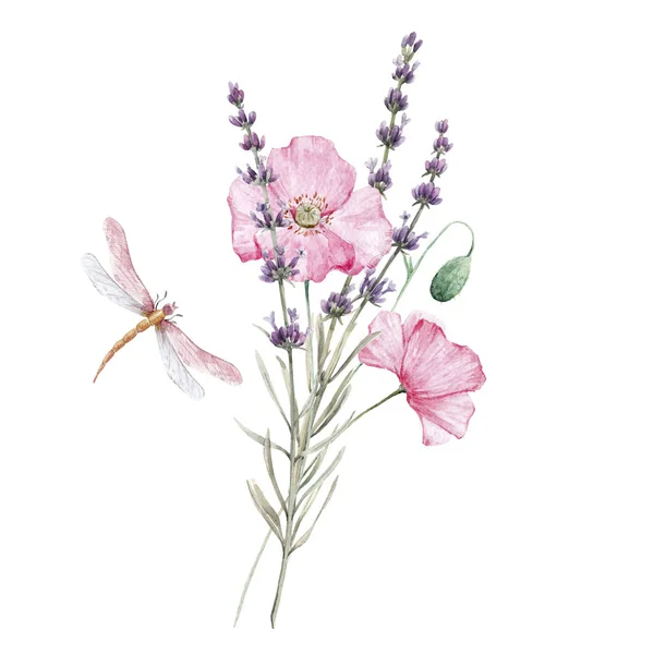 Bellissimo bouquet floreale ad acquerello con lavanda isolata e fiori di papavero rosa. Illustrazione delle scorte . — Foto Stock