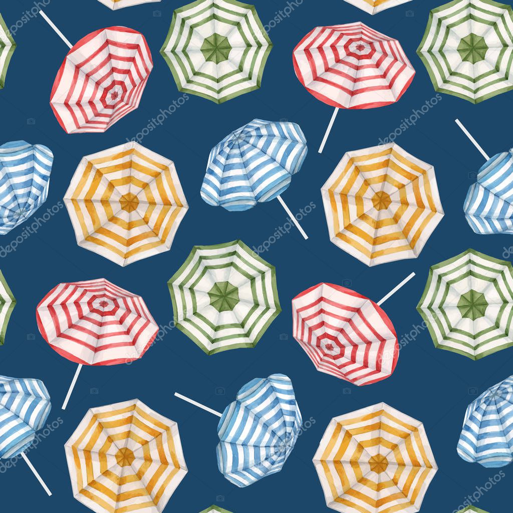 Beautiful vector watercolor seamless pattern with beach sun umbrellas. Ready summer print for swimwear fabric.