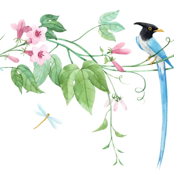 Aquarelle vecteur floral motif horizontal avec des oiseaux bleus du paradis et des fleurs délicates roses. Fond blanc. Illustration de stock . — Image vectorielle