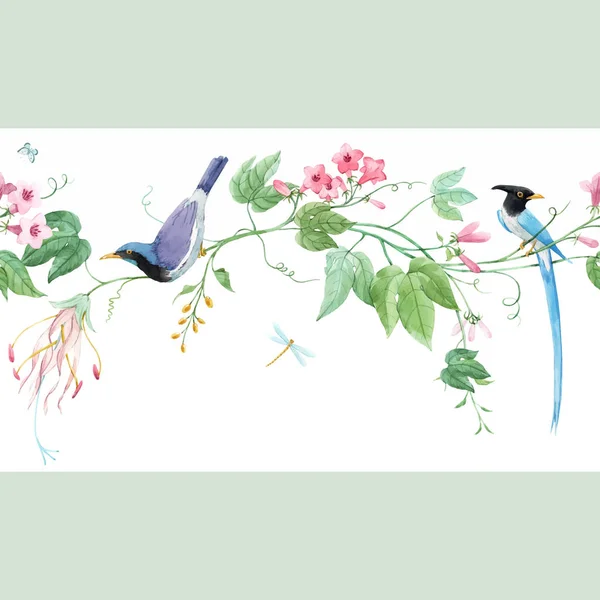 Aquarell florales horizontales Muster mit blauen Paradiesvögeln und rosa zarten Blüten. weißer Hintergrund. Aktienillustration. — Stockvektor