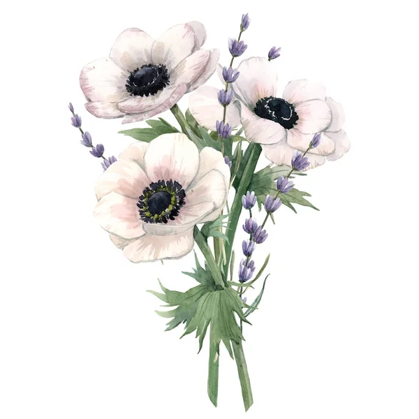 Mooie aquarel bloemenboeket met anemoon en lavanda bloemen. Voorraadillustratie. — Stockfoto