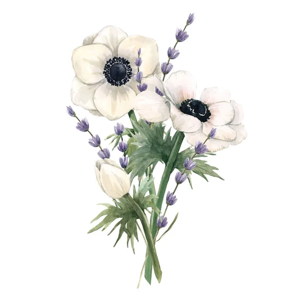 Hermoso ramo floral de acuarela con flores de anémona y lavanda. Ilustración general . —  Fotos de Stock