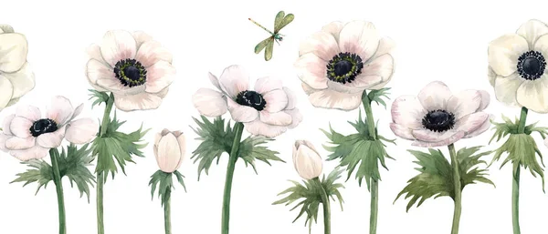 Mooie aquarel bloemen horizontale naadloze patroon met anemoon, lavanda bloemen en libellen. Voorraadillustratie. — Stockfoto