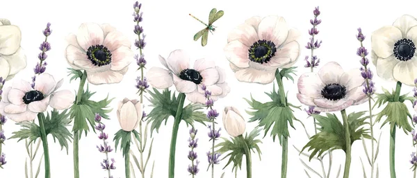 Красивий акварельний квітковий горизонтальний безшовний візерунок з анемоною, квітами лаванди та бабками. Стокова ілюстрація . — стокове фото