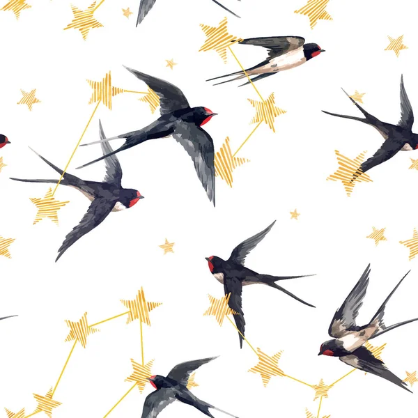 Όμορφη διάνυσμα αδιάλειπτη μοτίβο με ακουαρέλα ζωγραφισμένα στο χέρι αστέρια και καταπίνουν πουλιά. Έναστρος ουρανός. Εικονογράφηση αποθεμάτων. — Διανυσματικό Αρχείο