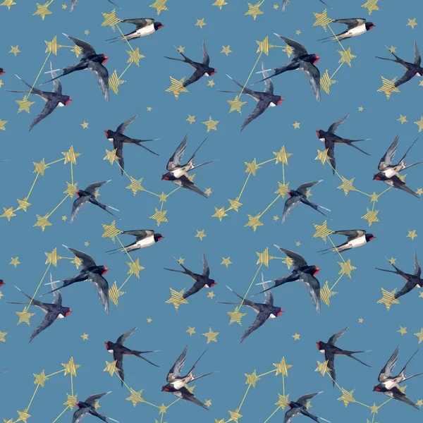 Vacker vektor sömlöst mönster med akvarell handritade stjärnor och svälja fåglar. Stark himmel. Illustration av beståndet. — Stock vektor