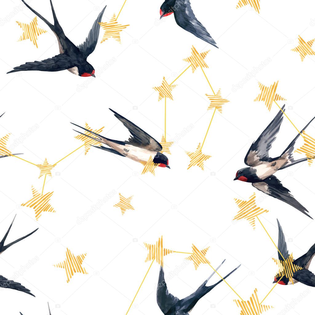 Beautiful vector seamless pattern with watercolor hand drawn stars and swallow birds. Starry sky. Stock Illustration.