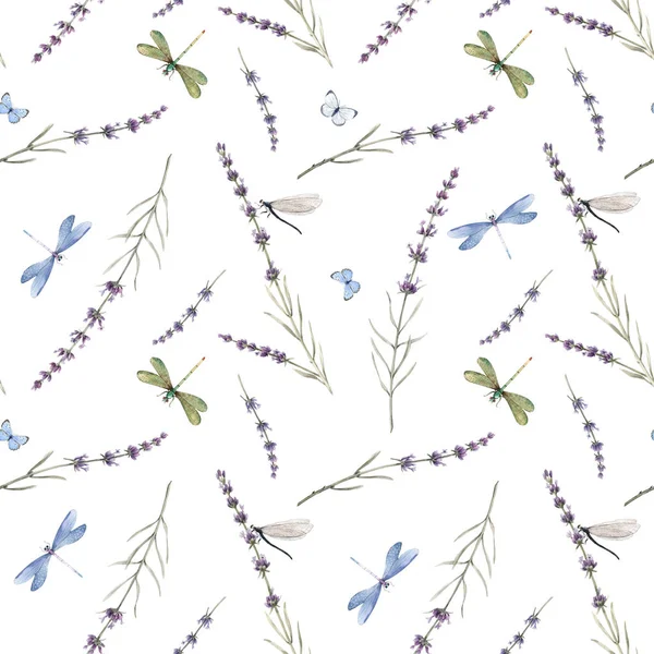 Υδατογραφία αδιάλειπτη μοτίβο με πολύχρωμα λιβελούλες και λουλούδια lavanda. Εικόνα αρχείου. Λευκό φόντο. — Φωτογραφία Αρχείου