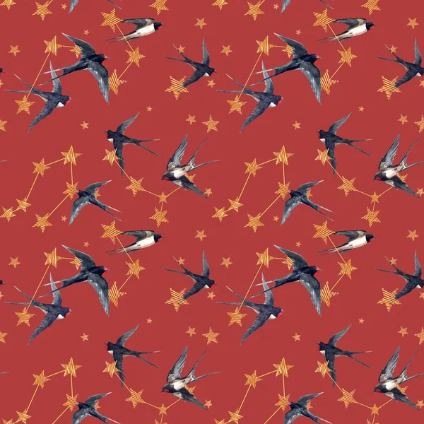 Hermoso patrón sin costuras con acuarela dibujado a mano estrellas y tragar aves. Cielo estrellado. Ilustración de stock . —  Fotos de Stock