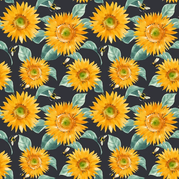 Beautiful seamless pattern with watercolor hand drawn sunflowers. Stock summer illustration. — 스톡 사진