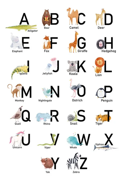 Russian alphabet with cute watercolor animals for babies, children. Иллюстрация . — стоковое фото