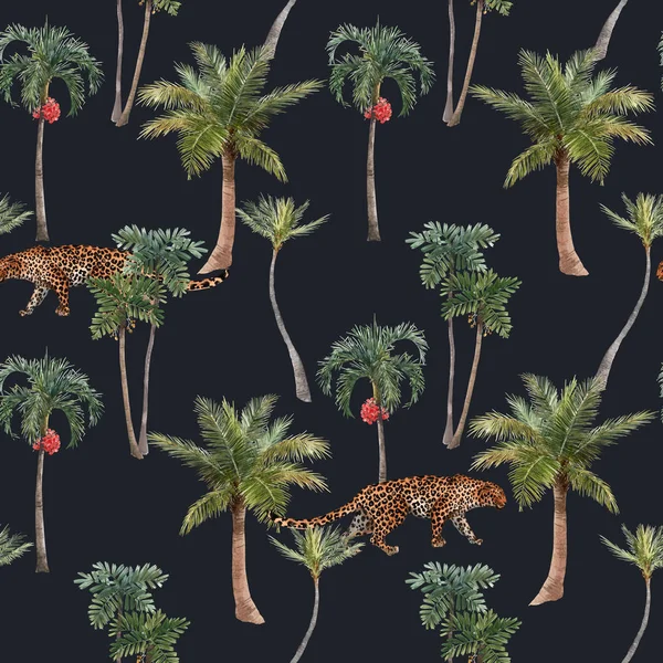 Beautiful seamless pattern with watercolor hand drawn tropical jungle palms and jaguar. Stock illustration. — ストック写真