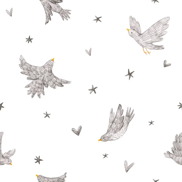美丽的无缝图案与可爱的手绘单色灰色的鸟和星星。 婴儿存栏图. — 图库照片