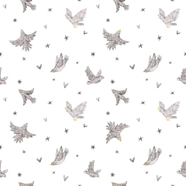 Krásný bezešvý vzor s roztomilou rukou kreslené monochromatické šedé ptáky a hvězdy. Baby stock ilustrace. — Stock fotografie