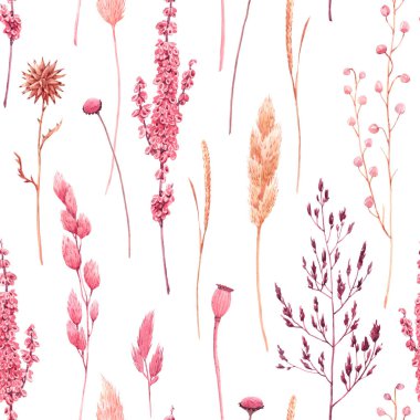 Güzel, pürüzsüz desenli, suluboya bitkisel, kurutulmuş çimenler, pembe ve sarı renklerde. Stok illüstrasyonu.