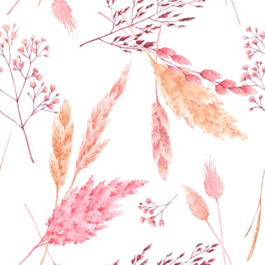 Güzel, pürüzsüz desenli, suluboya bitkisel, kurutulmuş çimenler, pembe ve sarı renklerde. Stok illüstrasyonu.