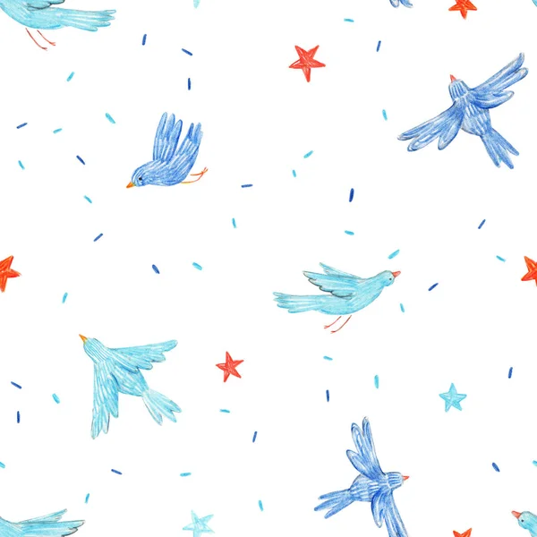 Beautiful seamless pattern with cute hand drawn blue birds and red stars. Baby stock illustration. — 스톡 사진