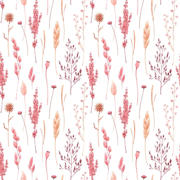 Beautiful seamless pattern with watercolor herbarium wild dried grass in pink and yellow colors. Stock illustration. — 스톡 사진