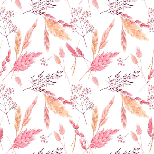 Gyönyörű varrat nélküli minta akvarell herbárium vad szárított fű rózsaszín és sárga színekben. Készletillusztráció. — Stock Fotó