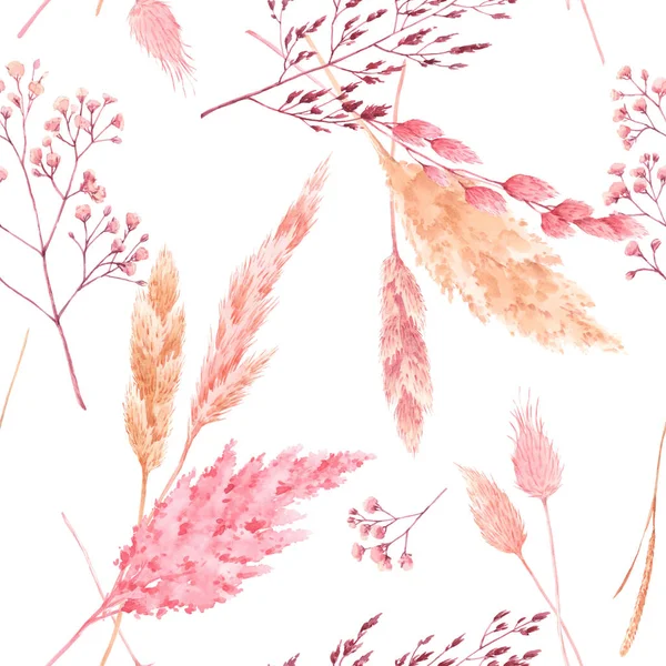ピンクと黄色で水彩ハーバリウム野生の乾燥草と美しいシームレスなパターン。ストックイラスト. — ストック写真