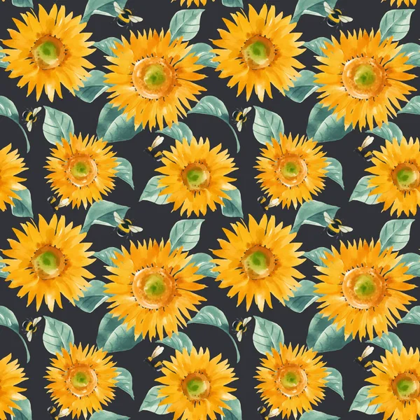 Beautiful vector seamless pattern with watercolor hand drawn sunflowers. Stock summer illustration. — 스톡 벡터