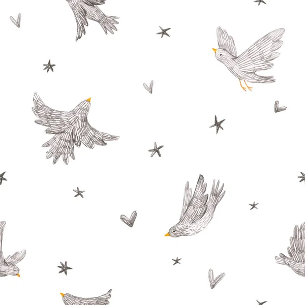 Beautiful vector seamless pattern with cute hand drawn monochrome grey birds and stars. Baby stock illustration. — 스톡 벡터