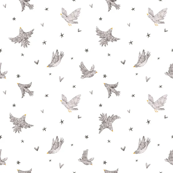 Beautiful vector seamless pattern with cute hand drawn monochrome grey birds and stars. Baby stock illustration. — ストックベクタ