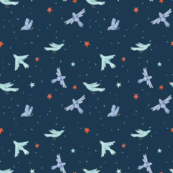 Beautiful vector seamless pattern with cute hand drawn blue birds and red stars. Baby stock illustration. — Stock Vector