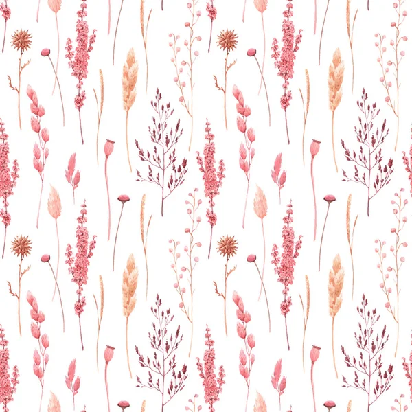 Beautiful vector seamless pattern with watercolor herbarium wild dried grass in pink and yellow colors. Stock illustration. — Stock Vector