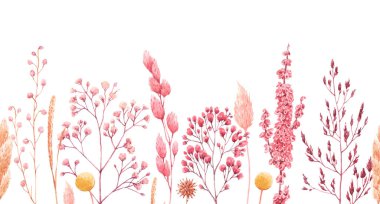 Güzel, pürüzsüz desenli, suluboya bitkisel, kurutulmuş çimenler, pembe ve sarı renklerde. Stok illüstrasyonu.