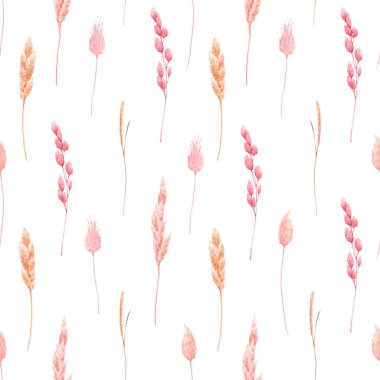 Güzel, pürüzsüz desenli, suluboya bitkisel, kurutulmuş çimenler, pembe ve sarı renklerde. Stok illüstrasyonu.