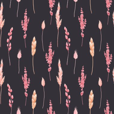 Güzel, pürüzsüz desenli, suluboya bitkisel, kurutulmuş çimenler, pembe ve sarı renklerde. Stok illüstrasyonu.