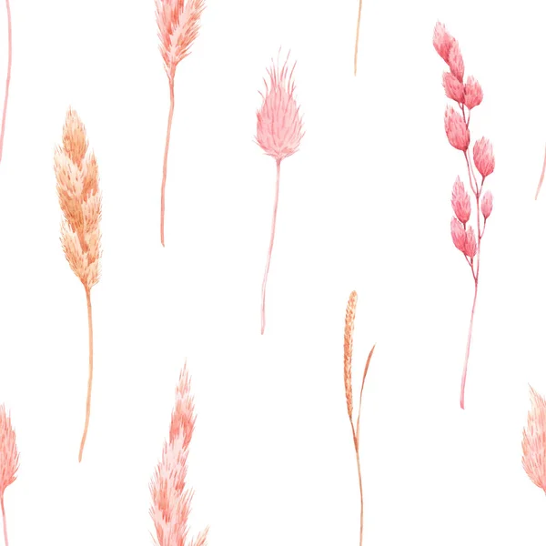 Бесшовный узор с акварельными травами дикой сухой травы розового и желтого цветов. Иллюстрация . — стоковое фото