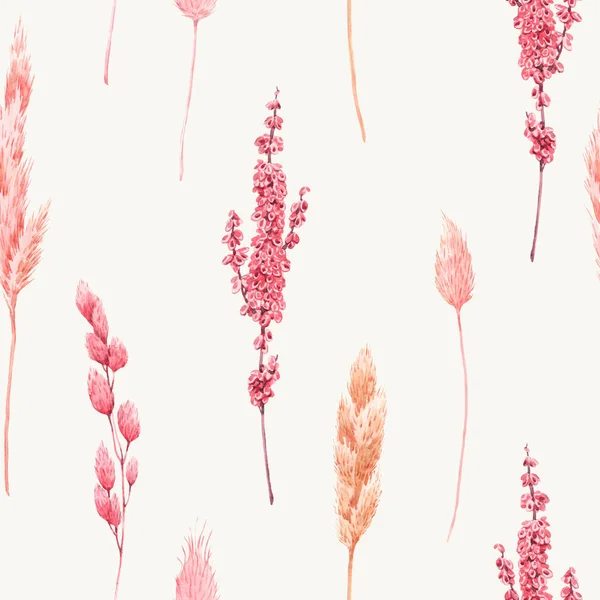 Magnifique motif sans couture avec herbier aquarelle herbe séchée sauvage dans les couleurs rose et jaune. Illustration de stock . — Photo