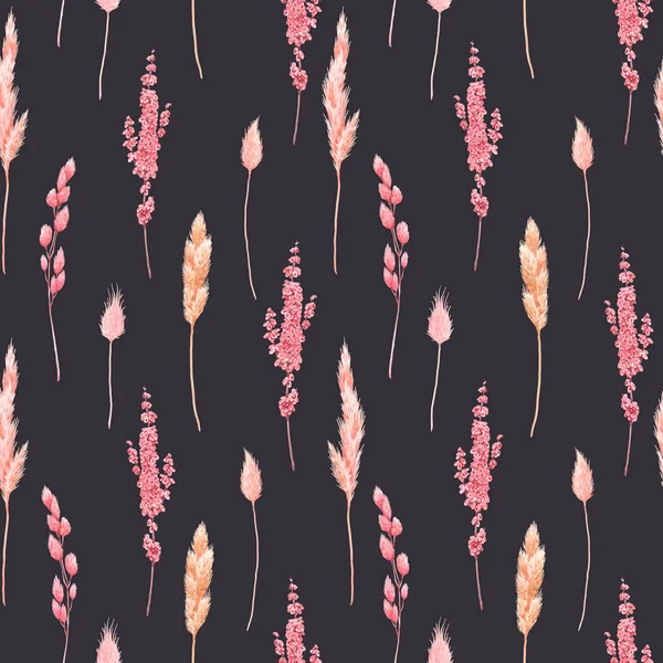 Hermoso patrón sin costura con herbario acuarela hierba seca salvaje en colores rosa y amarillo. Ilustración general . —  Fotos de Stock