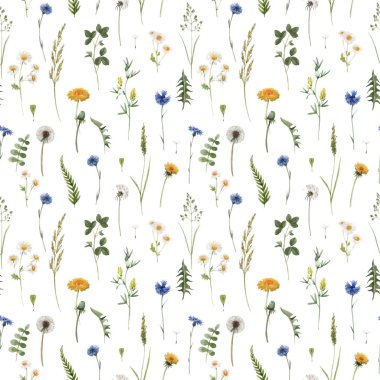 Beautiful vector floral summer seamless pattern with watercolor hand drawn field wild flowers. Stock illustration.