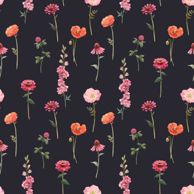 Beautiful vector floral summer seamless pattern with watercolor hand drawn field wild flowers. Stock illustration.