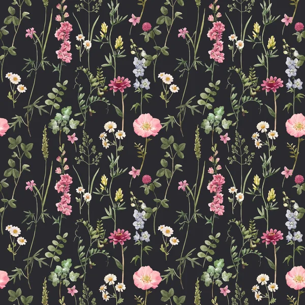 Beautiful vector floral summer seamless pattern with watercolor hand drawn field wild flowers. Stock illustration. — ストックベクタ