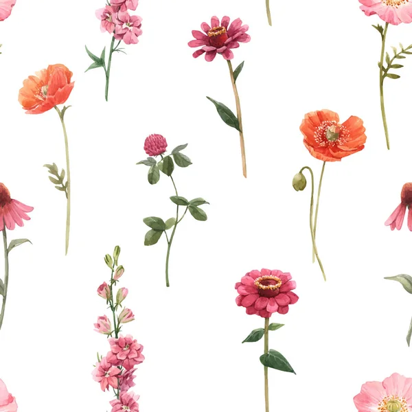 Beautiful vector floral summer seamless pattern with watercolor hand drawn field wild flowers. Stock illustration. — Stok Vektör