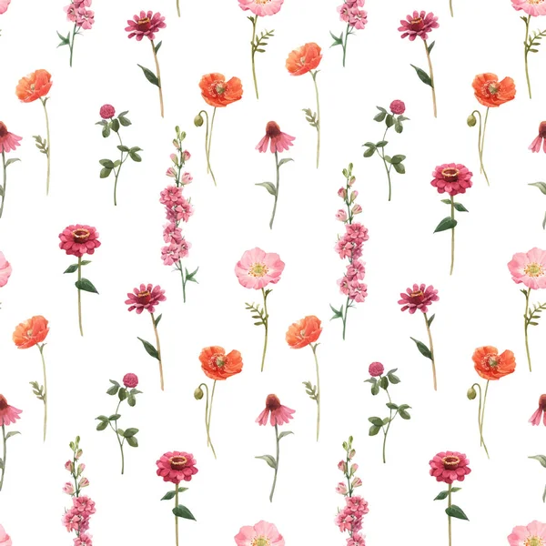 Beautiful vector floral summer seamless pattern with watercolor hand drawn field wild flowers. Stock illustration. — ストックベクタ