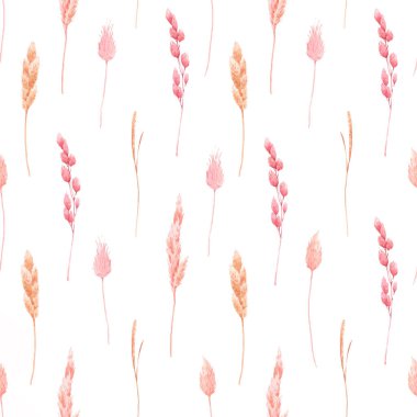 Güzel vektörsüz desenli, suluboya bitkisel otlu, pembe ve sarı renkli yabani otlar. Stok illüstrasyonu.