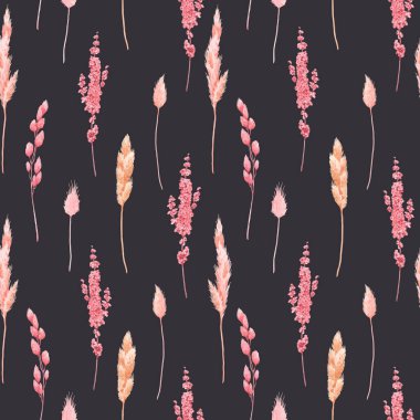 Güzel vektörsüz desenli, suluboya bitkisel otlu, pembe ve sarı renkli yabani otlar. Stok illüstrasyonu.