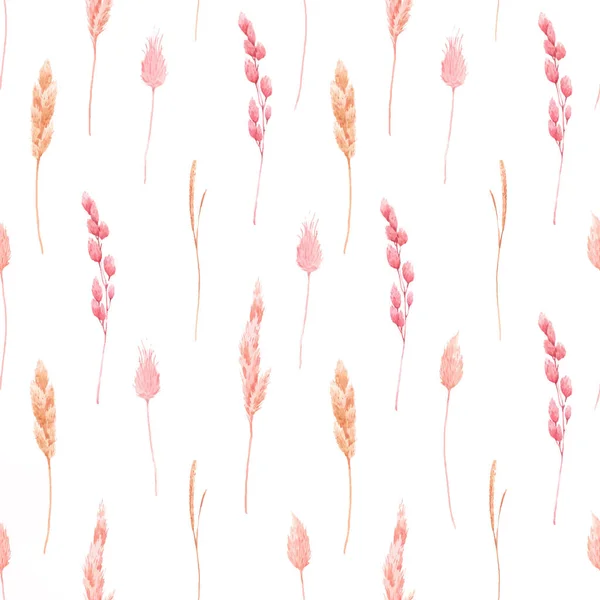 Beautiful vector seamless pattern with watercolor herbarium wild dried grass in pink and yellow colors. Stock illustration. — 스톡 벡터