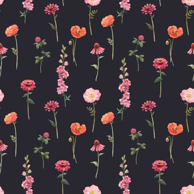 Çiçeksiz, suluboya elle çizilmiş kır çiçekleri olan güzel bir yaz deseni. Stok illüstrasyonu.