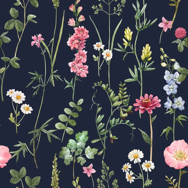 Beautiful floral summer seamless pattern with watercolor hand drawn field wild flowers. Stock illustration. — 스톡 사진